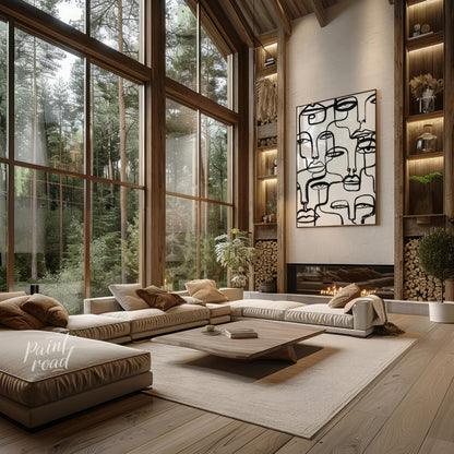 """Lineage of Faces"" presents a captivating array of stylized visages rendered in bold, continuous… for living room