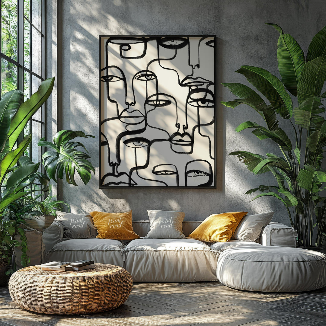 """Lineage of Faces"" presents a captivating array of stylized visages rendered in bold, continuous… for living room