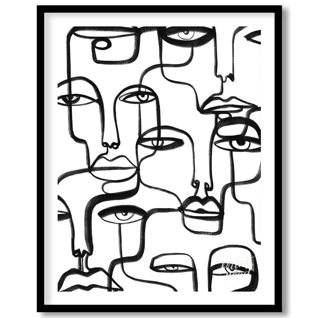 """Lineage of Faces"" presents a captivating array of stylized visages rendered in bold, continuous… for place