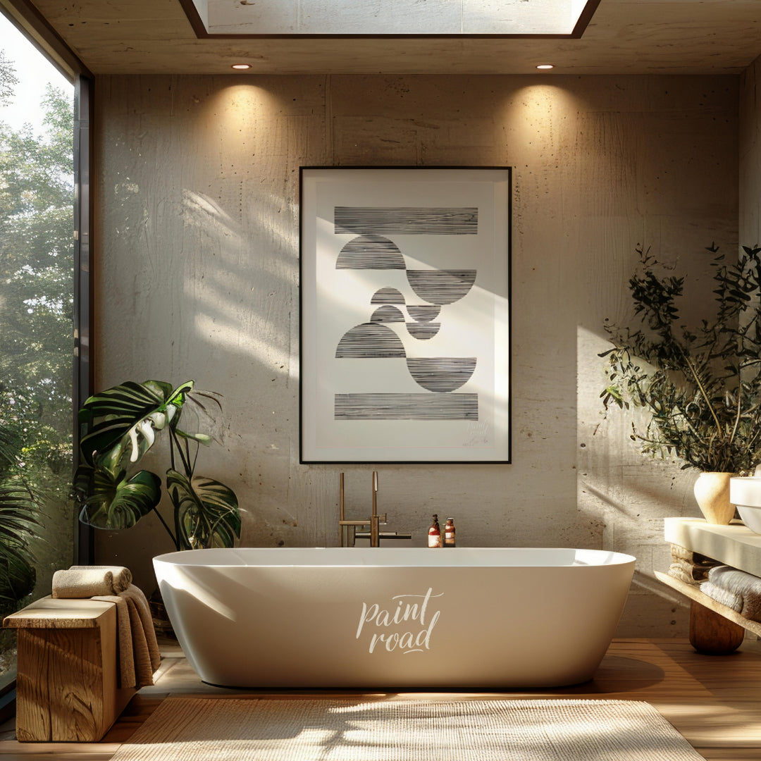 """Linear Arcs"" presents a minimalist composition featuring a series of semi-circular and rectangu… for bathroom