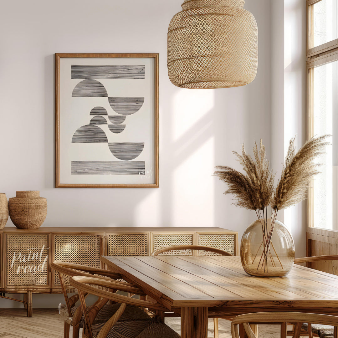"""Linear Arcs"" presents a minimalist composition featuring a series of semi-circular and rectangu… for dining room