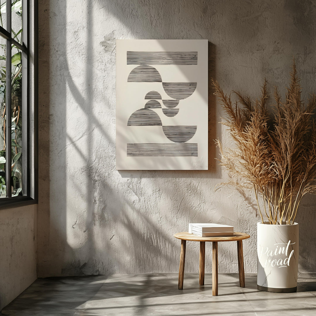 """Linear Arcs"" presents a minimalist composition featuring a series of semi-circular and rectangu… for entryway
