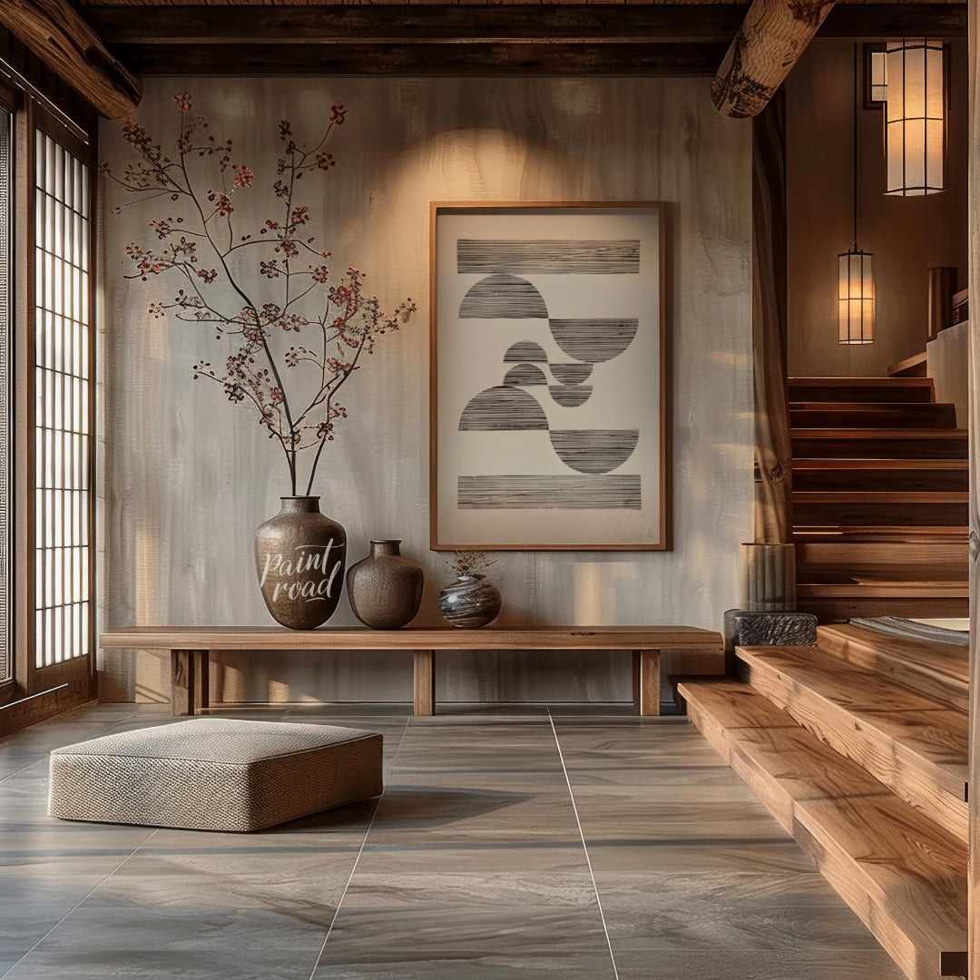 """Linear Arcs"" presents a minimalist composition featuring a series of semi-circular and rectangu… for entryway