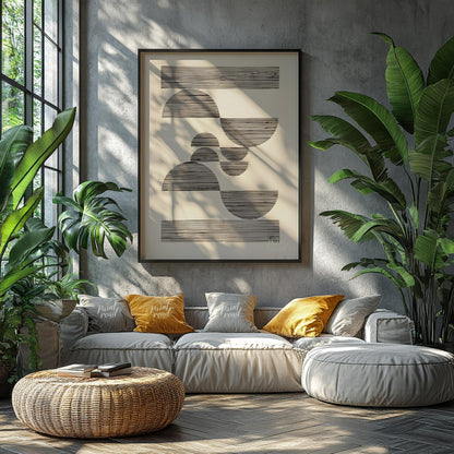 """Linear Arcs"" presents a minimalist composition featuring a series of semi-circular and rectangu… for living room