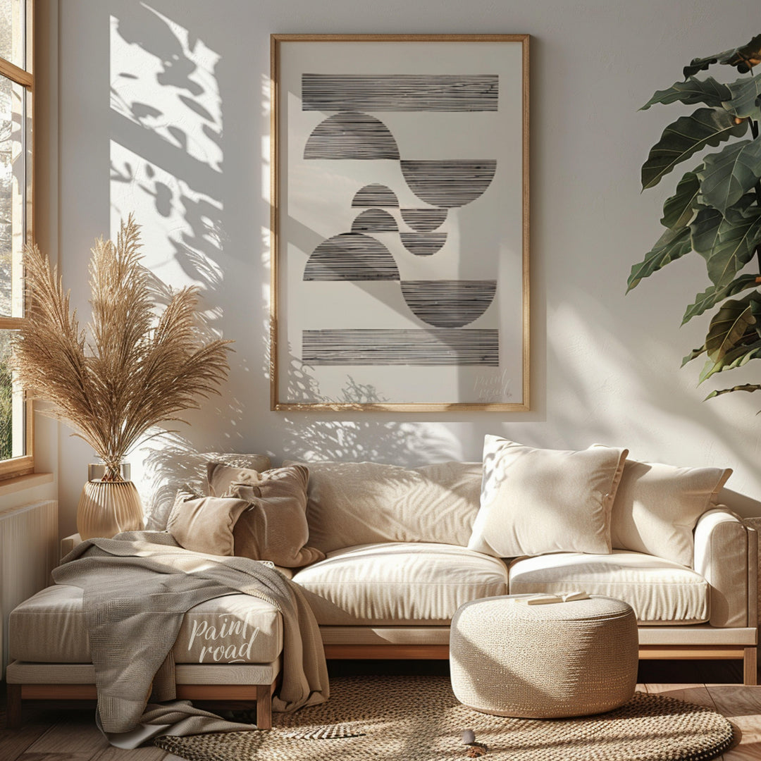 """Linear Arcs"" presents a minimalist composition featuring a series of semi-circular and rectangu… for living room