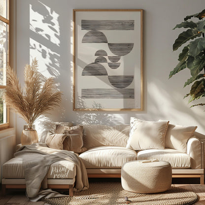 """Linear Arcs"" presents a minimalist composition featuring a series of semi-circular and rectangu… for living room