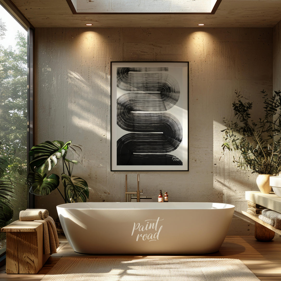 "Linear Curve Flow" presents a dynamic abstract composition featuring bold, sweeping lines that for… for bathroom