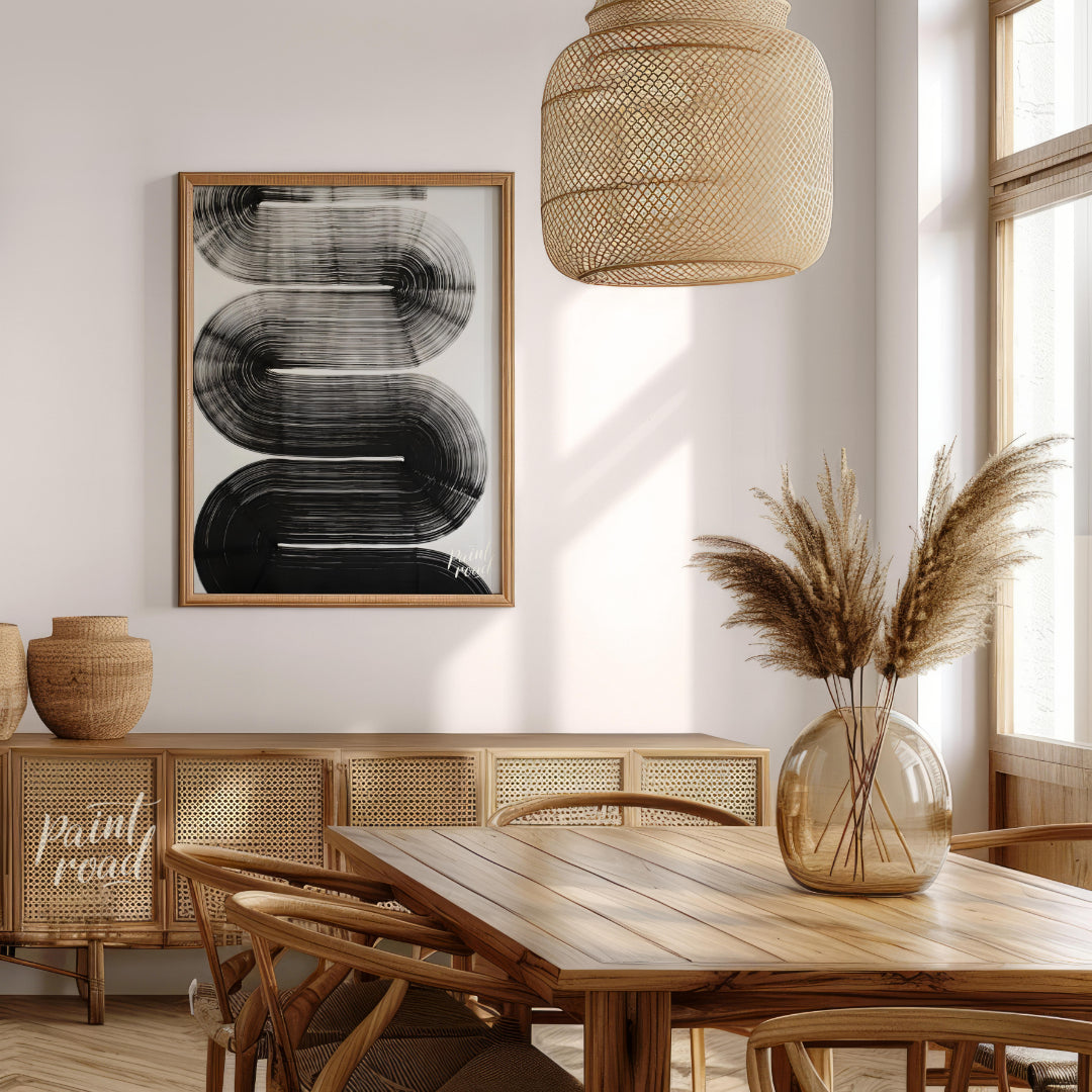"Linear Curve Flow" presents a dynamic abstract composition featuring bold, sweeping lines that for… for dining room