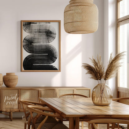 "Linear Curve Flow" presents a dynamic abstract composition featuring bold, sweeping lines that for… for dining room