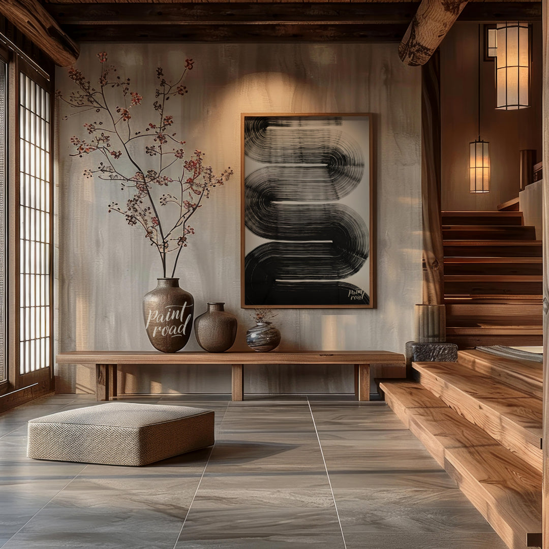 "Linear Curve Flow" presents a dynamic abstract composition featuring bold, sweeping lines that for… for entryway