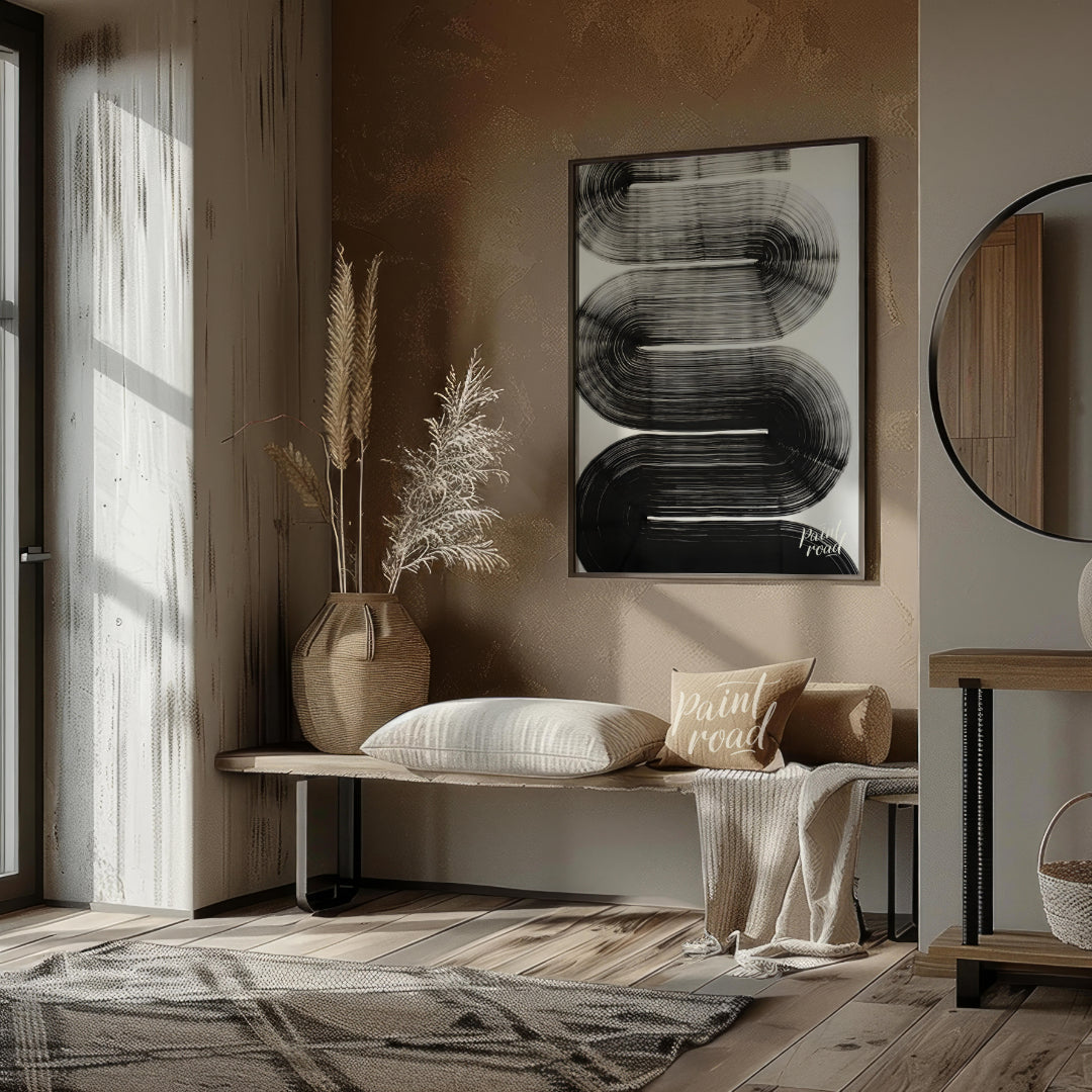 "Linear Curve Flow" presents a dynamic abstract composition featuring bold, sweeping lines that for… for entryway