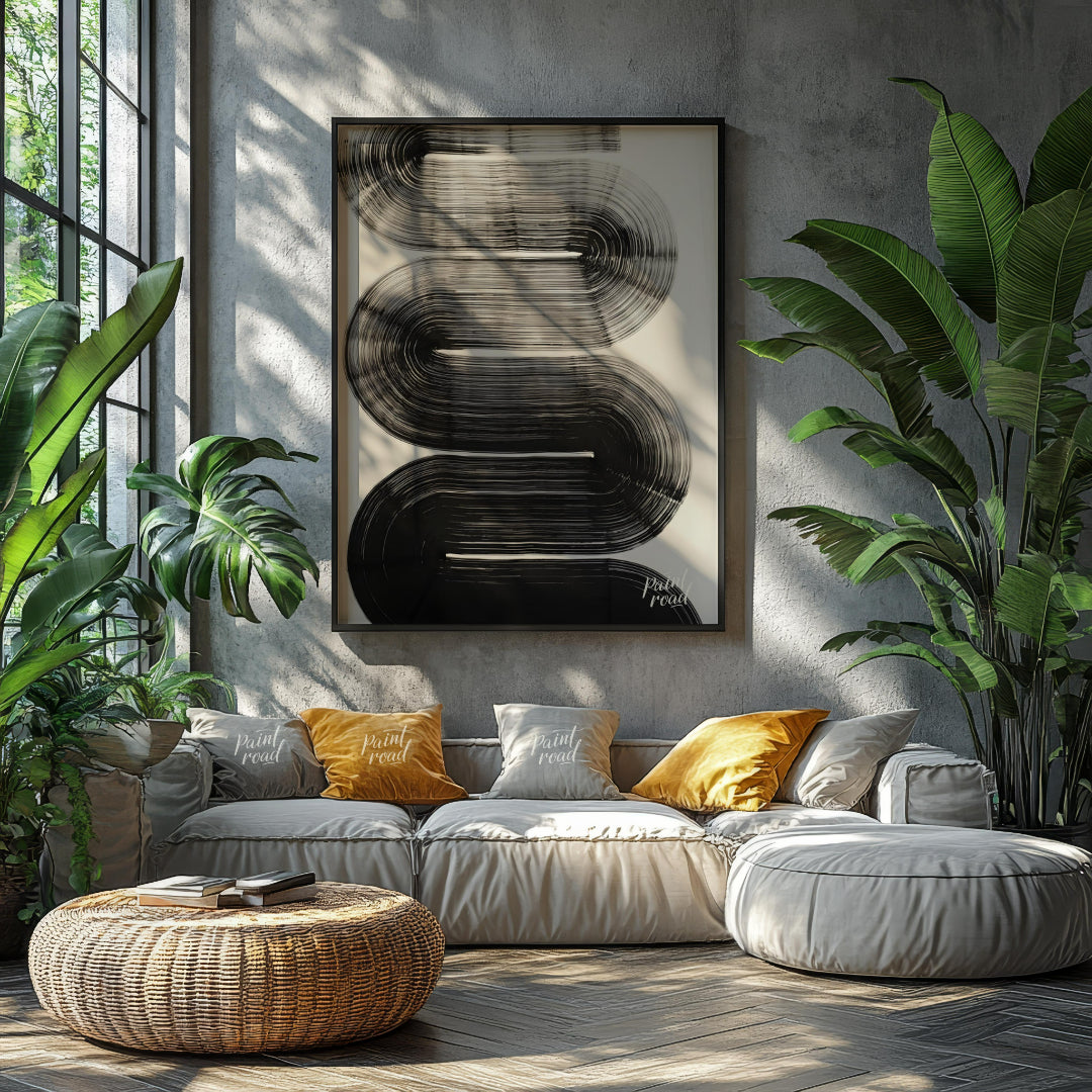 "Linear Curve Flow" presents a dynamic abstract composition featuring bold, sweeping lines that for… for living room