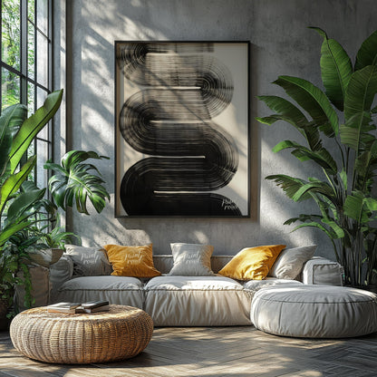 "Linear Curve Flow" presents a dynamic abstract composition featuring bold, sweeping lines that for… for living room