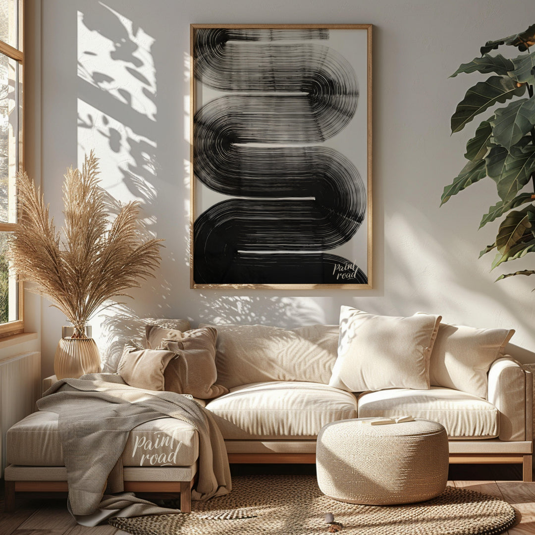 "Linear Curve Flow" presents a dynamic abstract composition featuring bold, sweeping lines that for… for living room