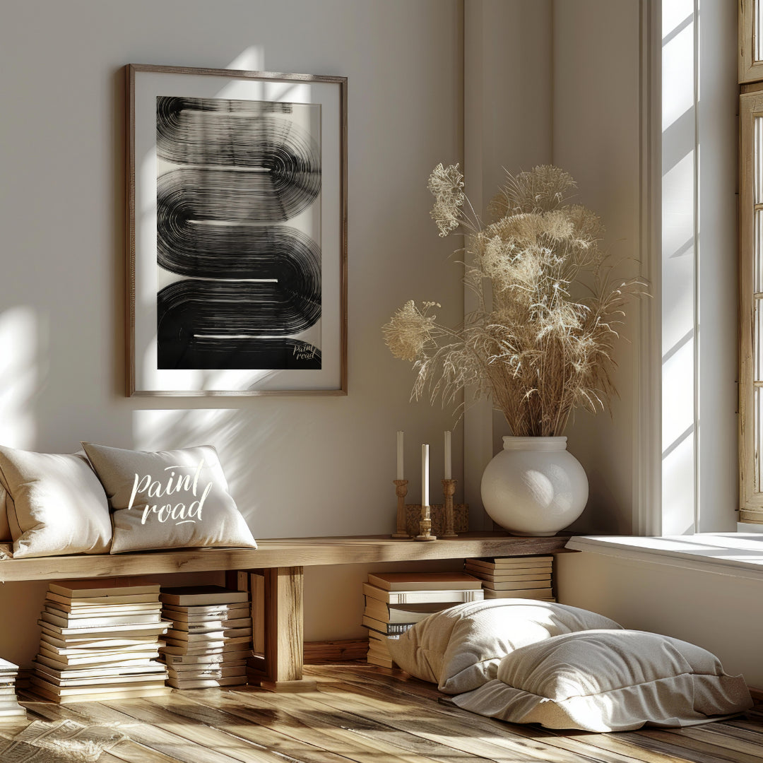 "Linear Curve Flow" presents a dynamic abstract composition featuring bold, sweeping lines that for… for living room