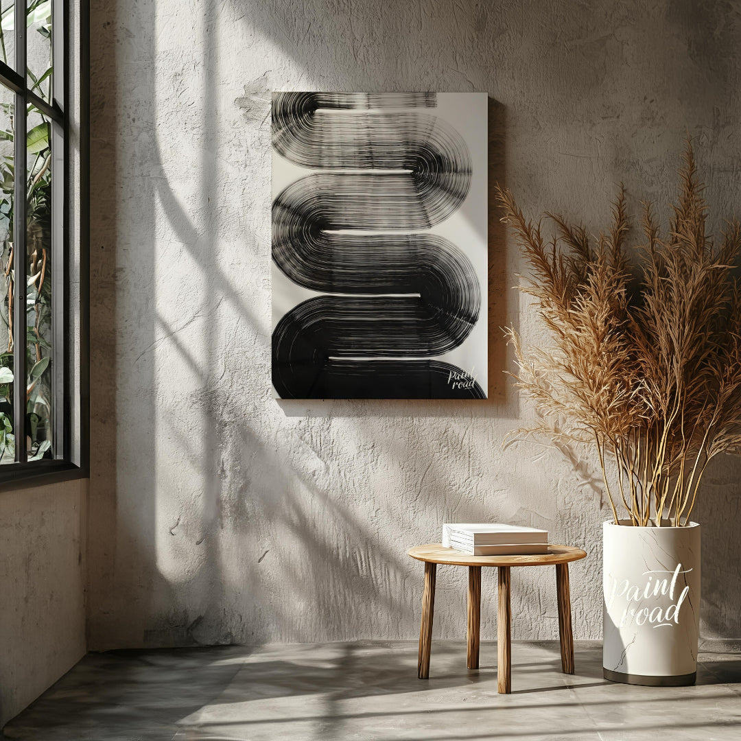 "Linear Curve Flow" presents a dynamic abstract composition featuring bold, sweeping lines that for… for other