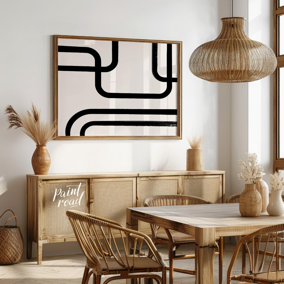 " ""Linear Flow"" presents a minimalist abstract composition with bold black lines against a light,… for dining room