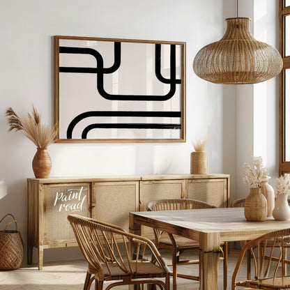 " ""Linear Flow"" presents a minimalist abstract composition with bold black lines against a light,… for dining room