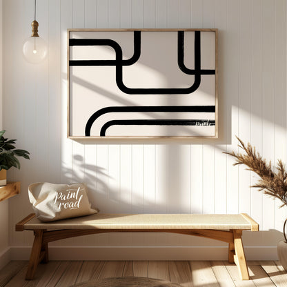 " ""Linear Flow"" presents a minimalist abstract composition with bold black lines against a light,… for entryway