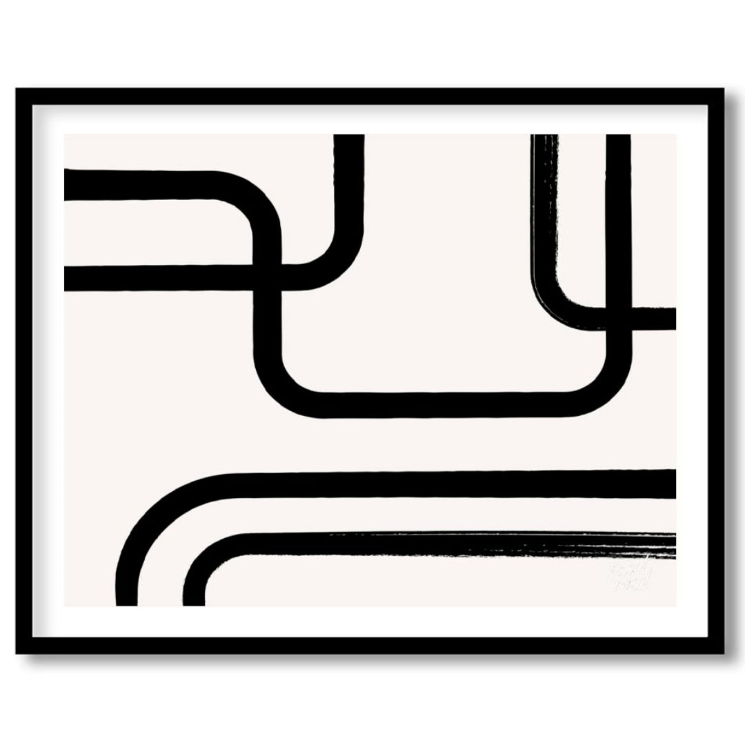 " ""Linear Flow"" presents a minimalist abstract composition with bold black lines against a light,… for house