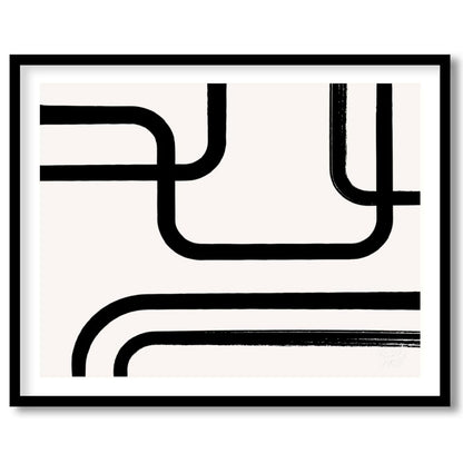 " ""Linear Flow"" presents a minimalist abstract composition with bold black lines against a light,… for house