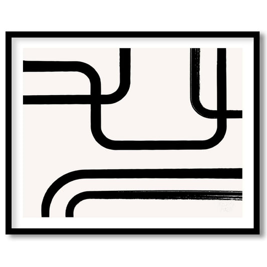 " ""Linear Flow"" presents a minimalist abstract composition with bold black lines against a light,… for house