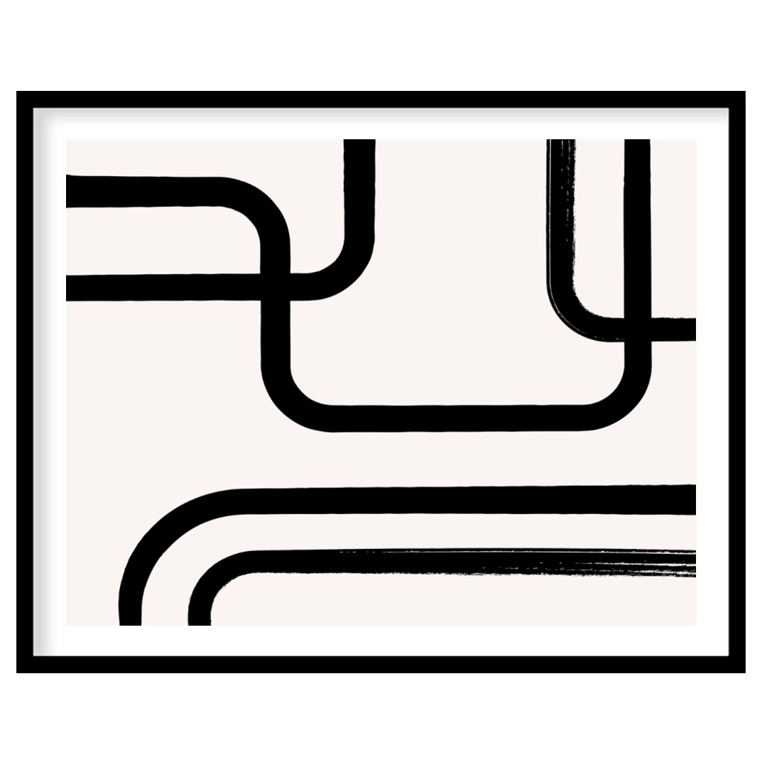 " ""Linear Flow"" presents a minimalist abstract composition with bold black lines against a light,… for house