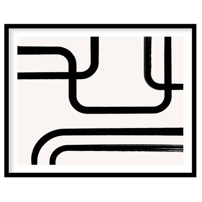 " ""Linear Flow"" presents a minimalist abstract composition with bold black lines against a light,… for house
