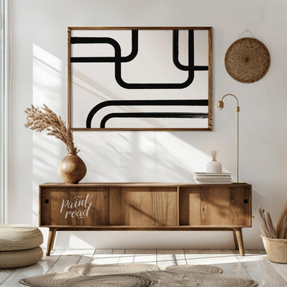 " ""Linear Flow"" presents a minimalist abstract composition with bold black lines against a light,… for living room