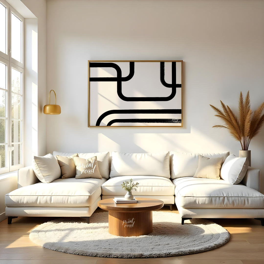 " ""Linear Flow"" presents a minimalist abstract composition with bold black lines against a light,… for living room