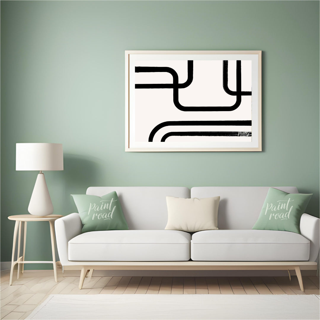 " ""Linear Flow"" presents a minimalist abstract composition with bold black lines against a light,… for living room