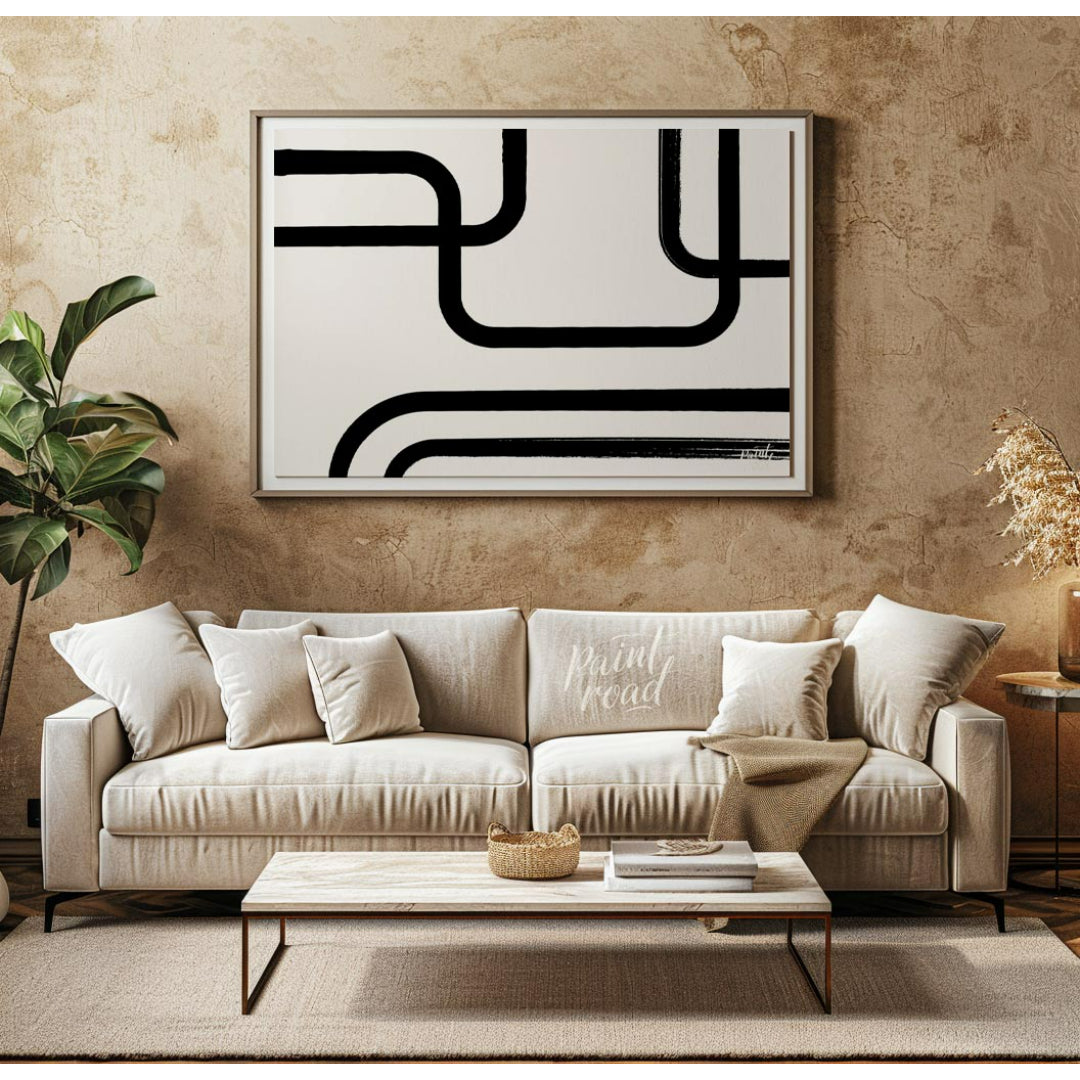 " ""Linear Flow"" presents a minimalist abstract composition with bold black lines against a light,… for living room
