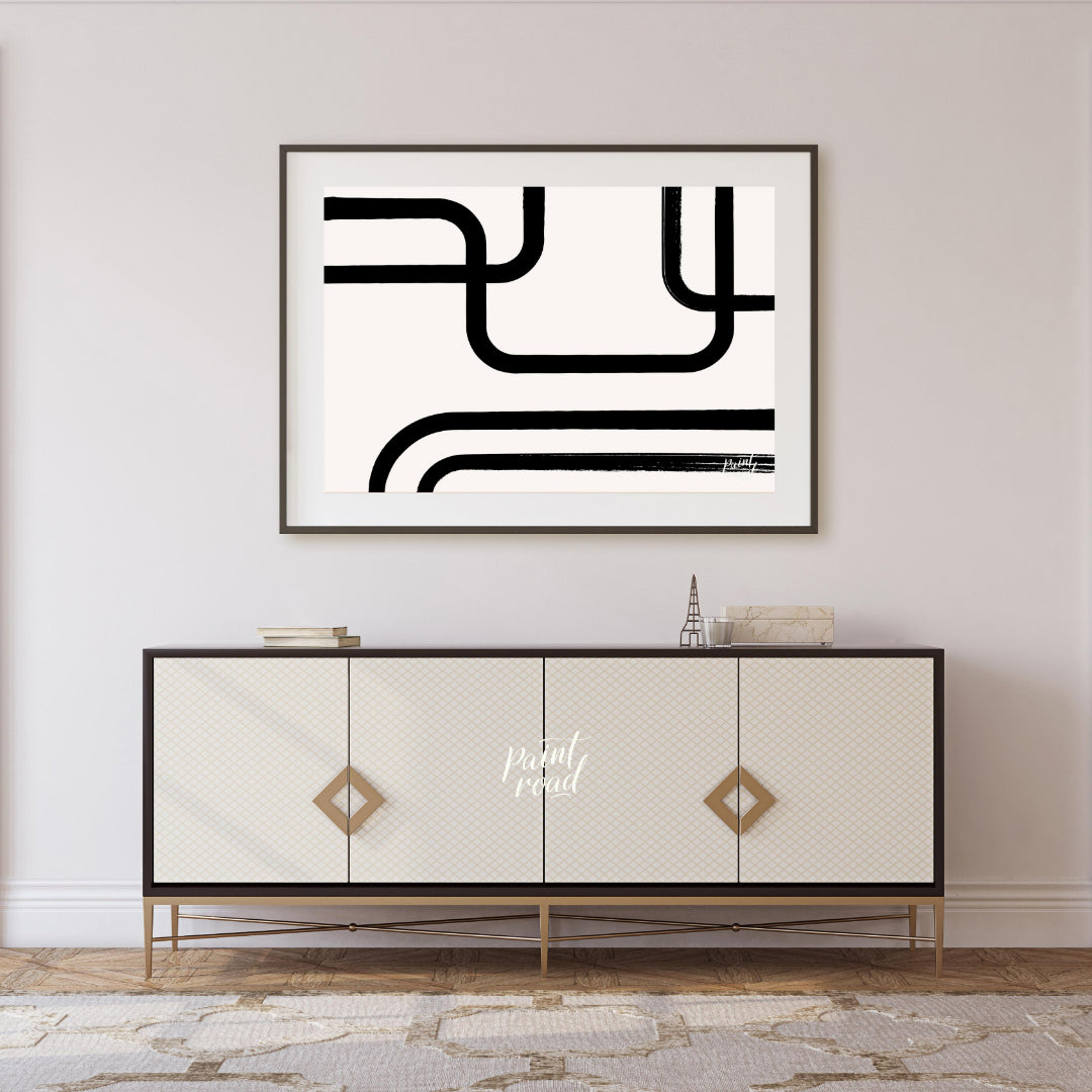 " ""Linear Flow"" presents a minimalist abstract composition with bold black lines against a light,… for living room