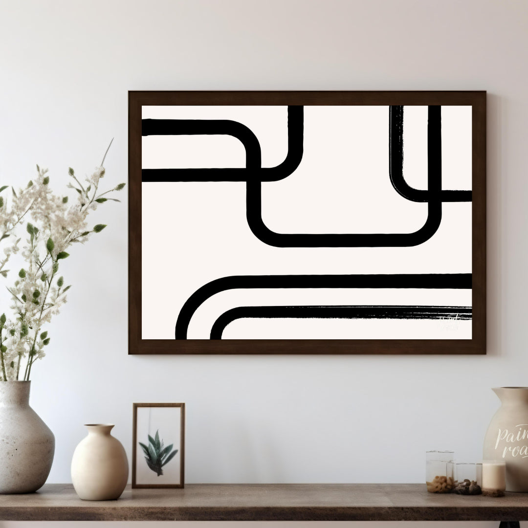 " ""Linear Flow"" presents a minimalist abstract composition with bold black lines against a light,… for living room