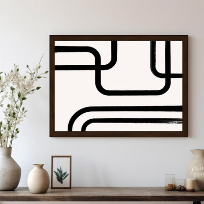 " ""Linear Flow"" presents a minimalist abstract composition with bold black lines against a light,… for living room