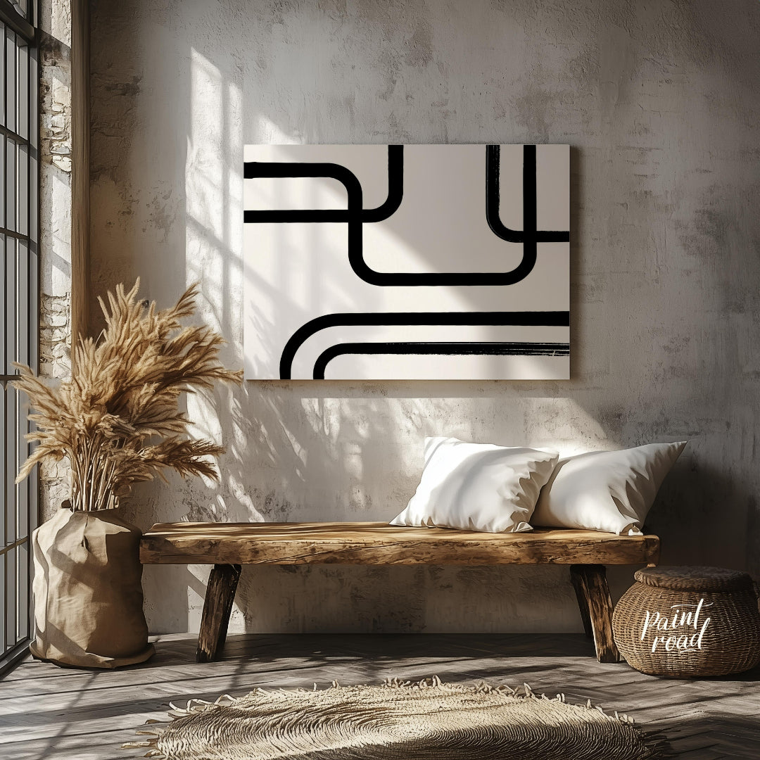 " ""Linear Flow"" presents a minimalist abstract composition with bold black lines against a light,… for living room