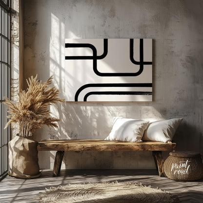 " ""Linear Flow"" presents a minimalist abstract composition with bold black lines against a light,… for living room