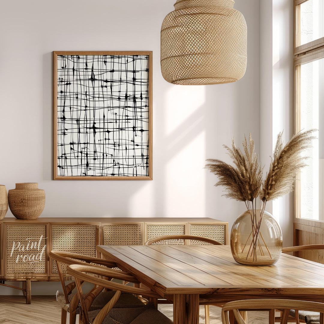 This abstract artwork features a network of irregular black lines against a light background, creat… for dining room