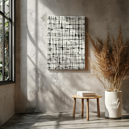 This abstract artwork features a network of irregular black lines against a light background, creat… for living room