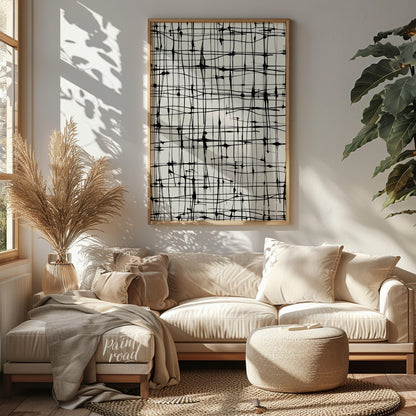 This abstract artwork features a network of irregular black lines against a light background, creat… for living room
