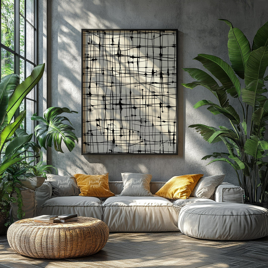 This abstract artwork features a network of irregular black lines against a light background, creat… for living room