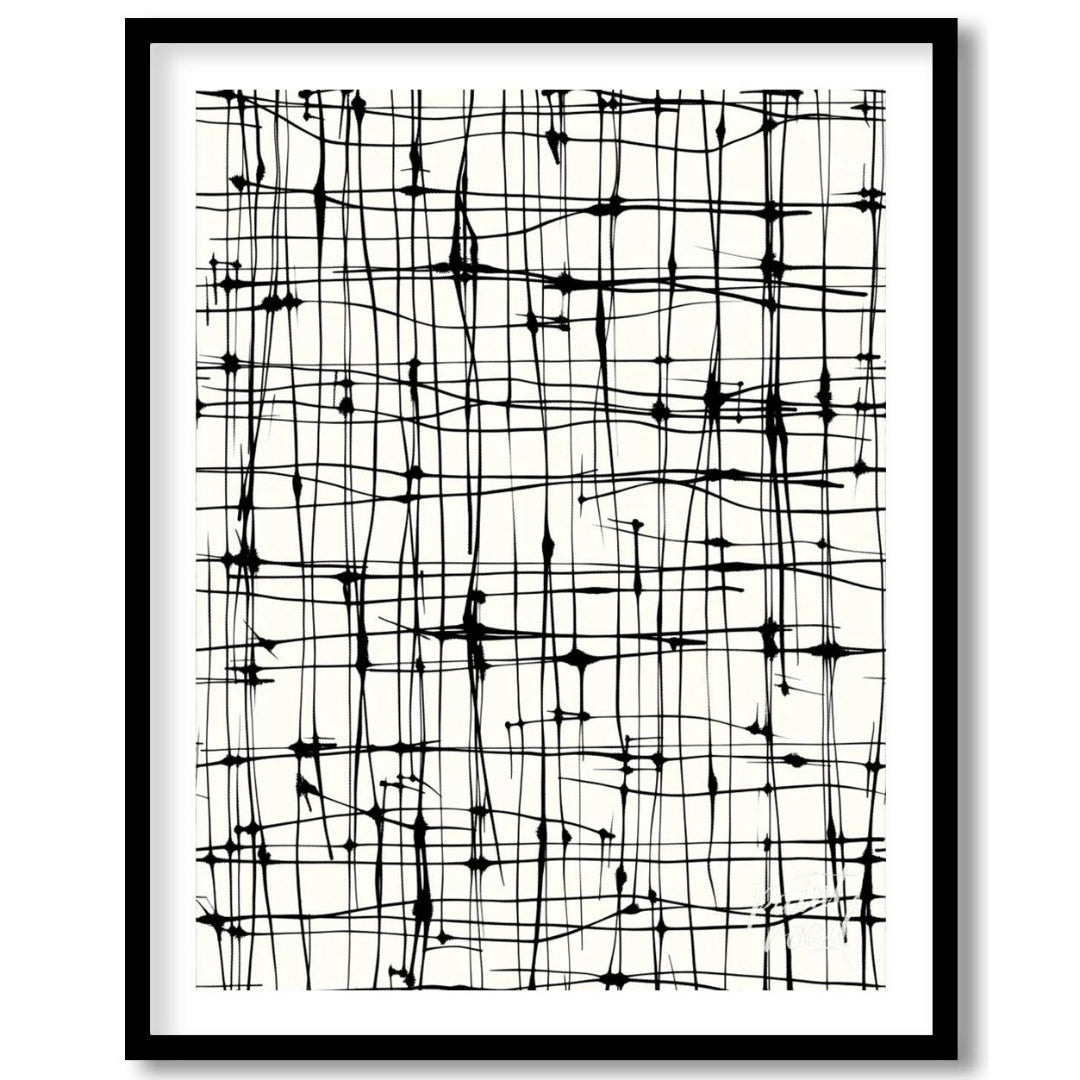 This abstract artwork features a network of irregular black lines against a light background, creat… for room