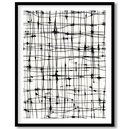 This abstract artwork features a network of irregular black lines against a light background, creat… for room