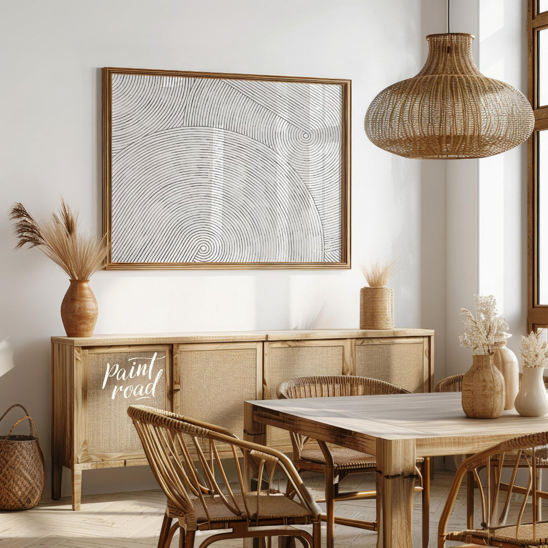 """Linear Resonance"" presents a captivating abstract pattern of meticulously drawn, concentric lin… for dining room