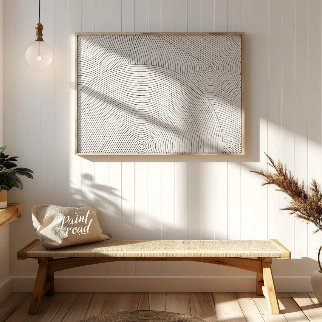 """Linear Resonance"" presents a captivating abstract pattern of meticulously drawn, concentric lin… for entryway