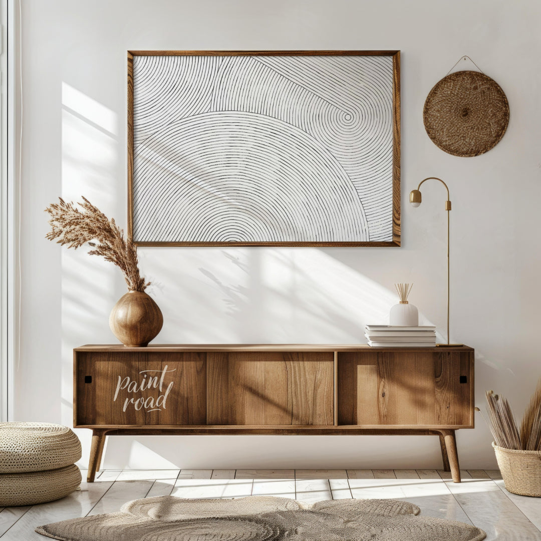 """Linear Resonance"" presents a captivating abstract pattern of meticulously drawn, concentric lin… for living room