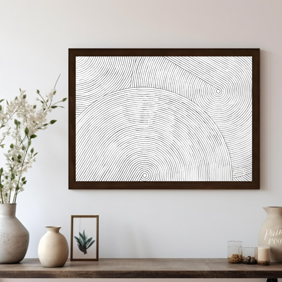 """Linear Resonance"" presents a captivating abstract pattern of meticulously drawn, concentric lin… for living room