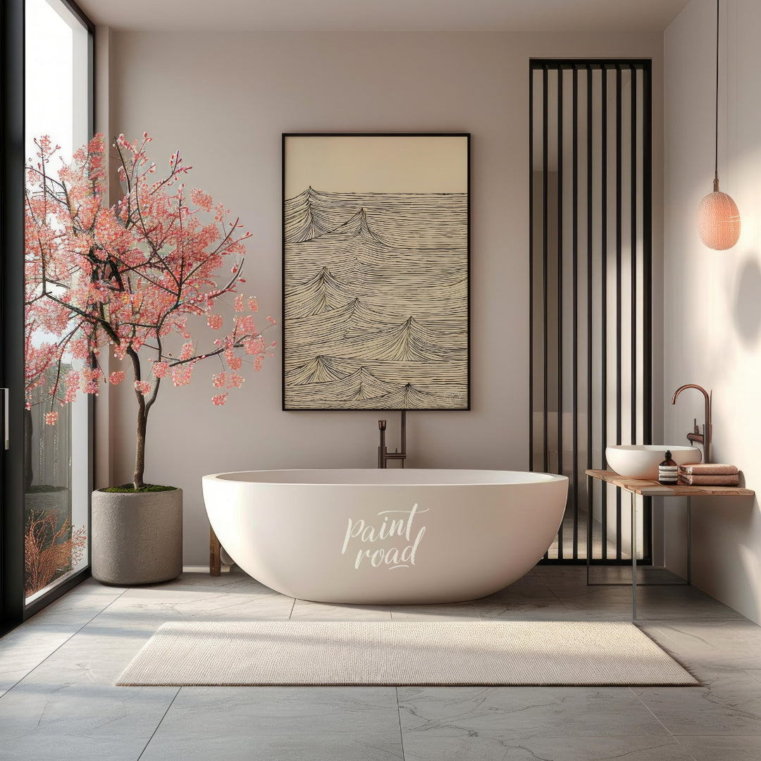 This artwork features a series of stylized wave peaks rendered with intricate, parallel lines again… for bathroom