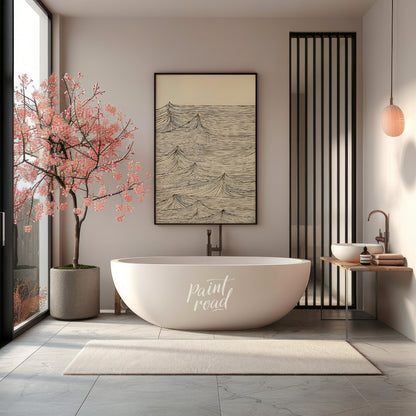 This artwork features a series of stylized wave peaks rendered with intricate, parallel lines again… for bathroom