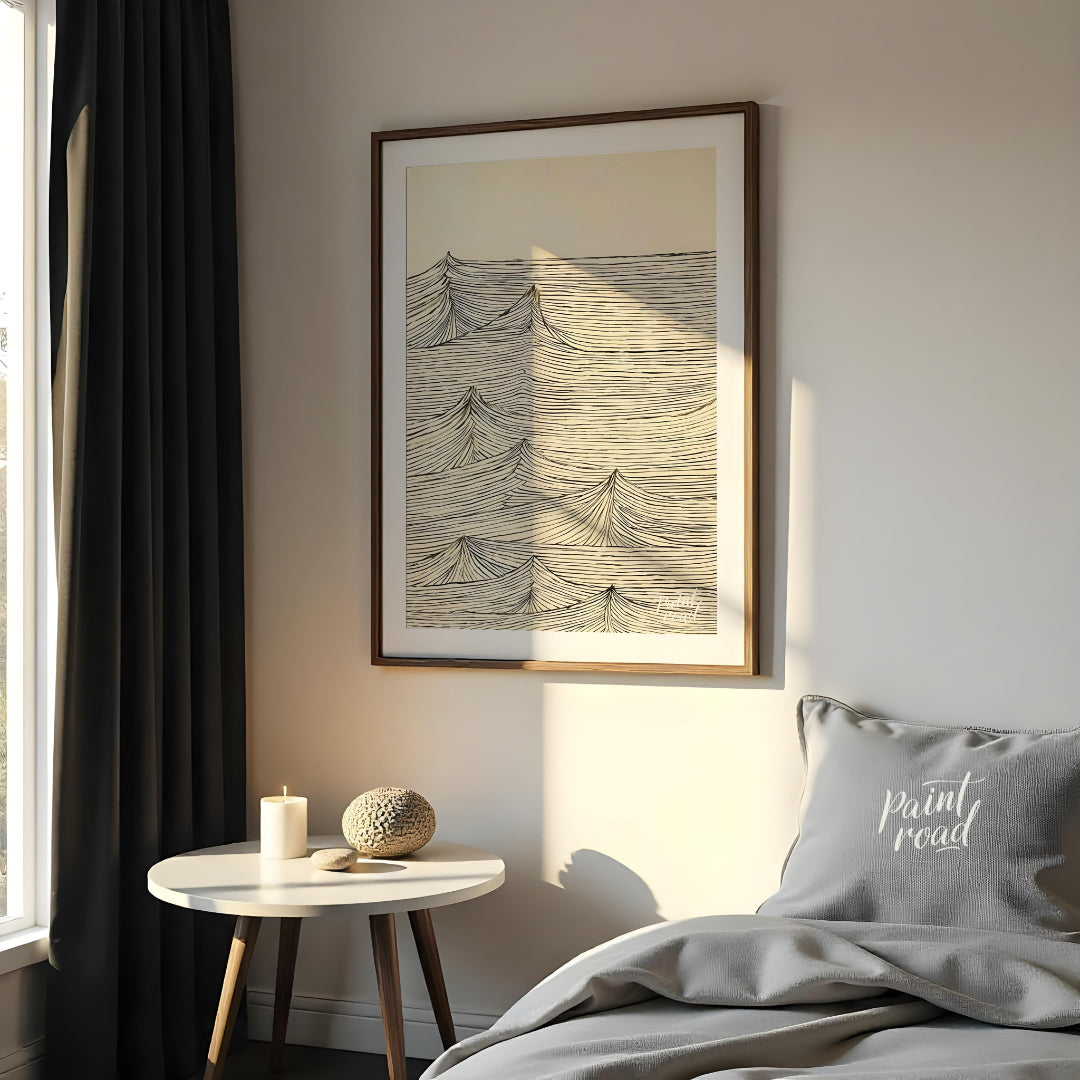 This artwork features a series of stylized wave peaks rendered with intricate, parallel lines again… for bedroom